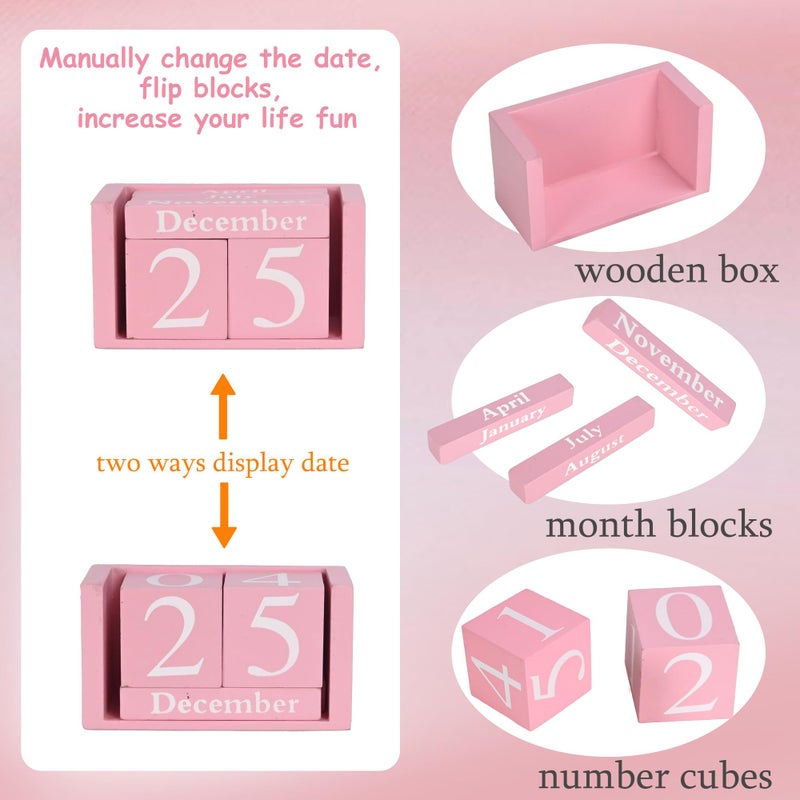 MICKYU Perpetual Wooden Desk Calendar - Pink Farmhouse Decor Block Calendar for Office, Home & Gifts - Reusable Daily Date Display - Image 2
